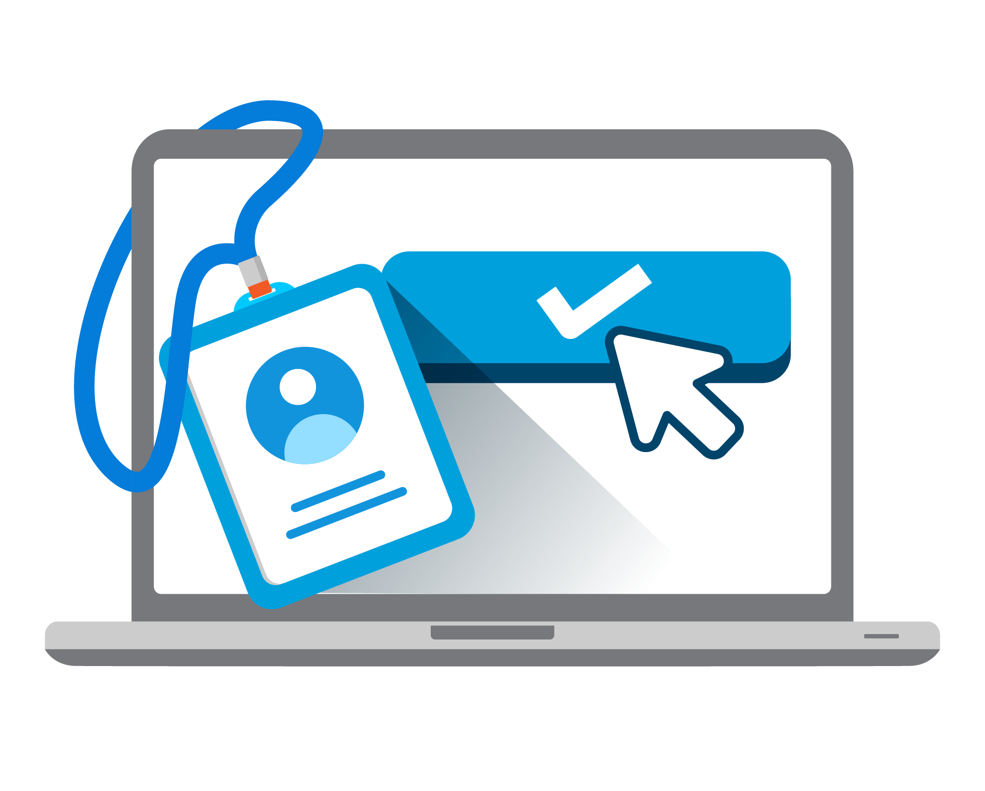 Icon imagery of laptop computer with ID badge against blue background. 